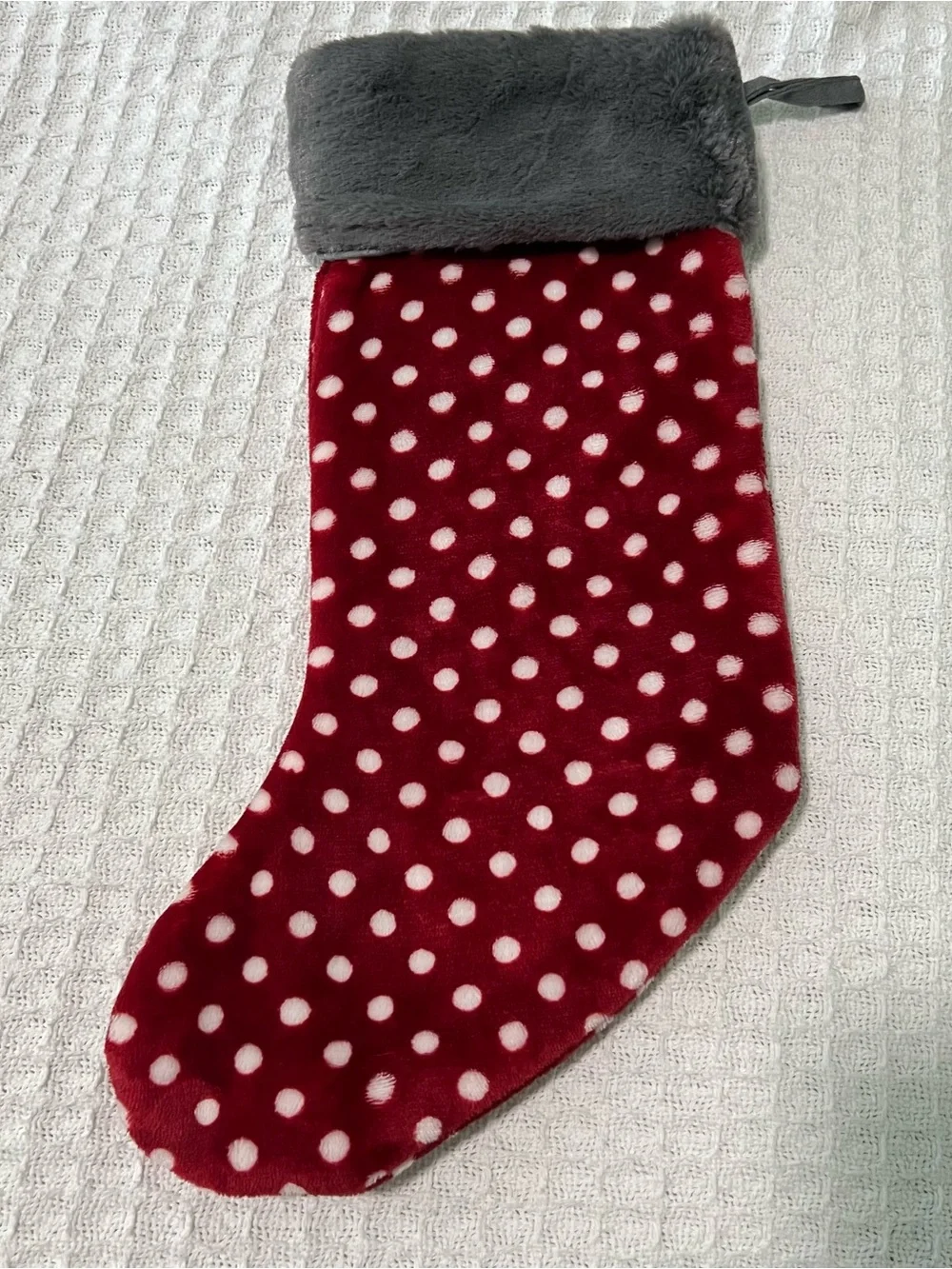 Plush Dog Christmas Stocking 18” Red White Velvet Gray Trim Gold Embroidered Paw